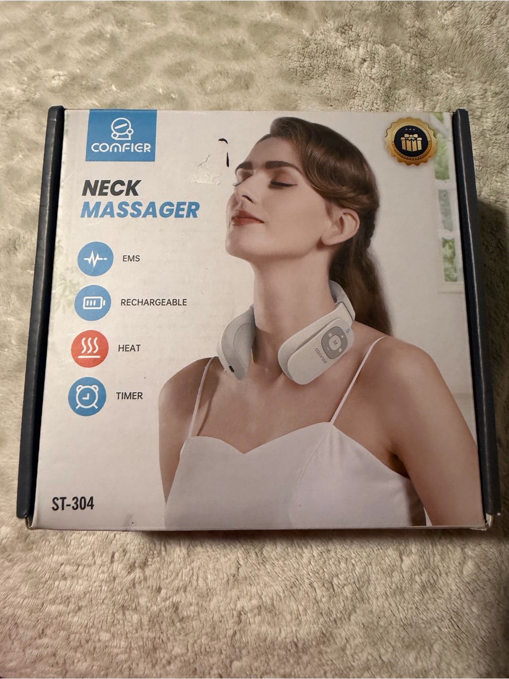 White Neck Massager with EMS, Heat & Rechargeable Battery